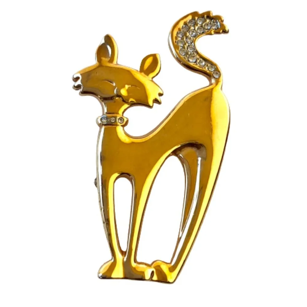 Cat Pin Brooch Mod Sophisticated Kitty Gold Tone & Rhinestone Collar & Tail